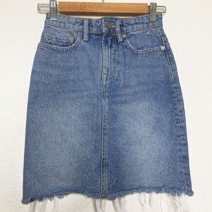 All Saints US 00 UK 2 Denim Skirt Midi 17" Blue Fray Hem 100% Cotton Kim Jean